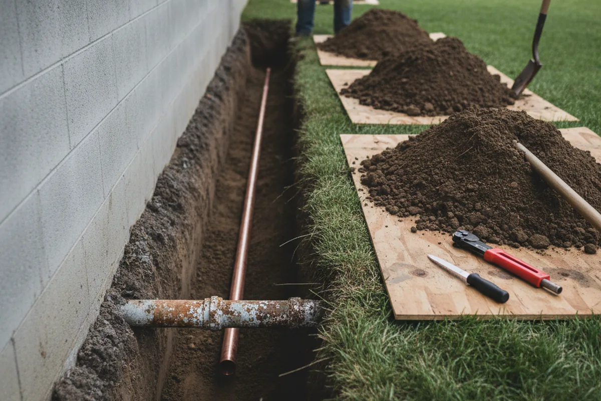 Excavated water line trench during Sewer Line Repair in Kissee Mills